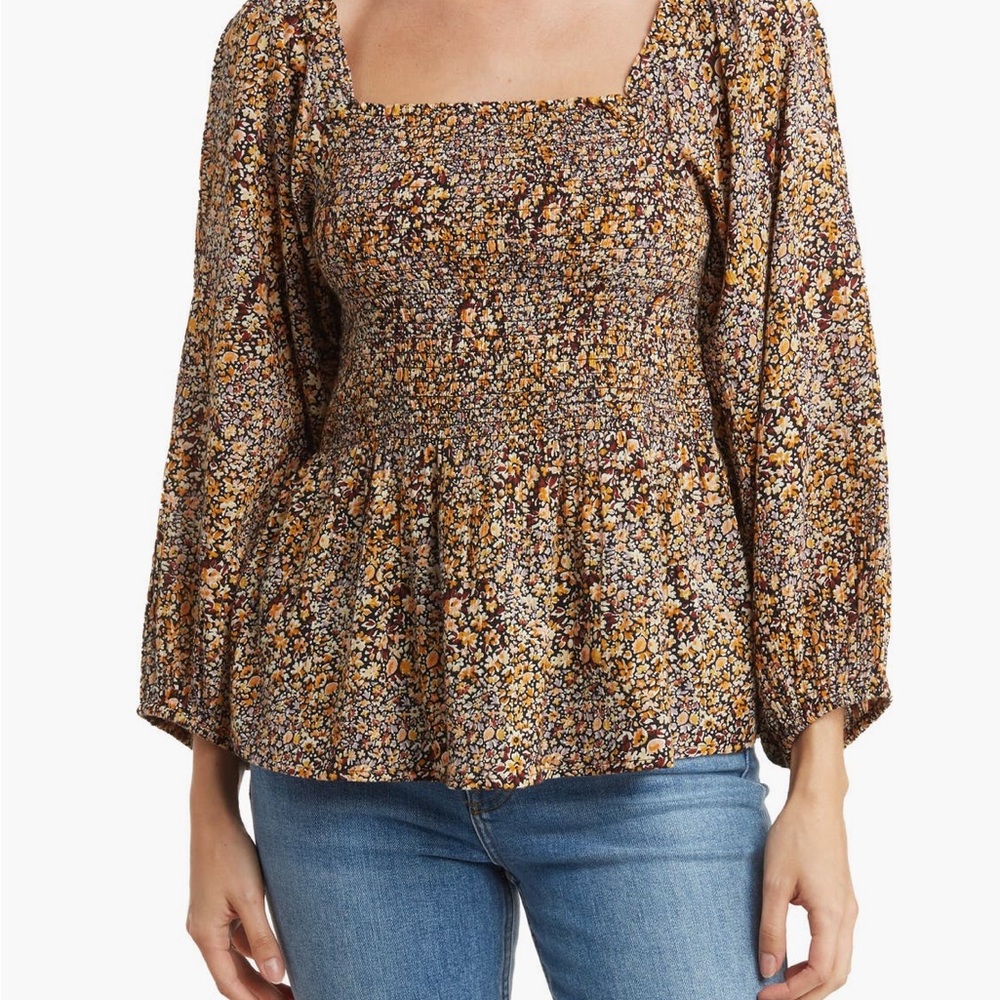 Madewell Brown and Black Smocked Peplum Blouse
